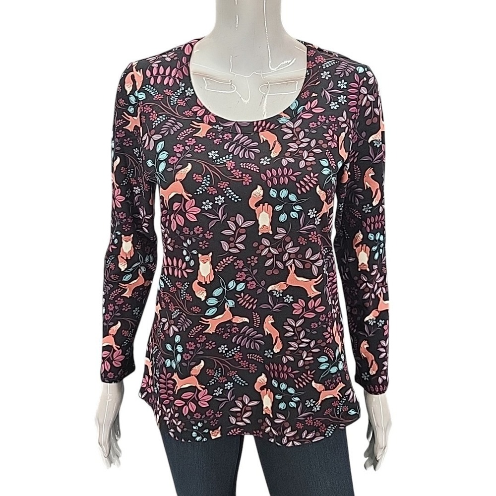 Christopher & Banks Womens Fox Floral Print Top Petite Small Long Sleeve Blouse